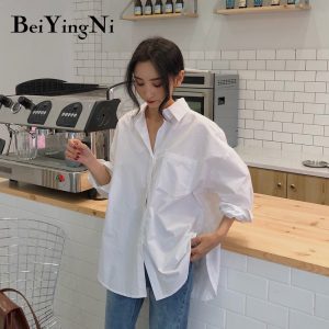 Beiyingni 2021 Spring Autumn Women Shirts White Plain Loose Oversized Blouses Female Tops Loose BF Korean Style Blusas Pockets 1