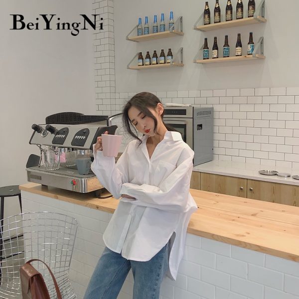 Beiyingni 2021 Spring Autumn Women Shirts White Plain Loose Oversized Blouses Female Tops Loose BF Korean Style Blusas Pockets 5