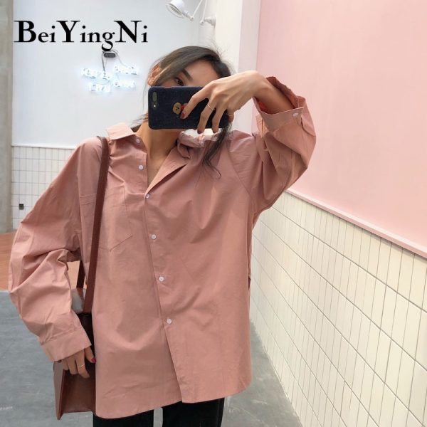 Beiyingni 2021 Spring Autumn Women Shirts White Plain Loose Oversized Blouses Female Tops Loose BF Korean Style Blusas Pockets 4