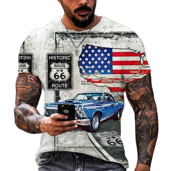 Summer New Mens T Shirts Oversized Loose Clothes Vintage Short Sleeve Fashion America Route 66 Letters Printed O Collared Tshirt 4